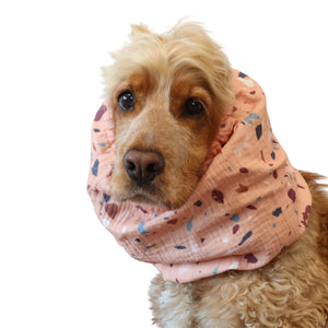 Cocker spaniel wearing boho style terrazzo cotton muslin snood for long ears by Distinguish Me