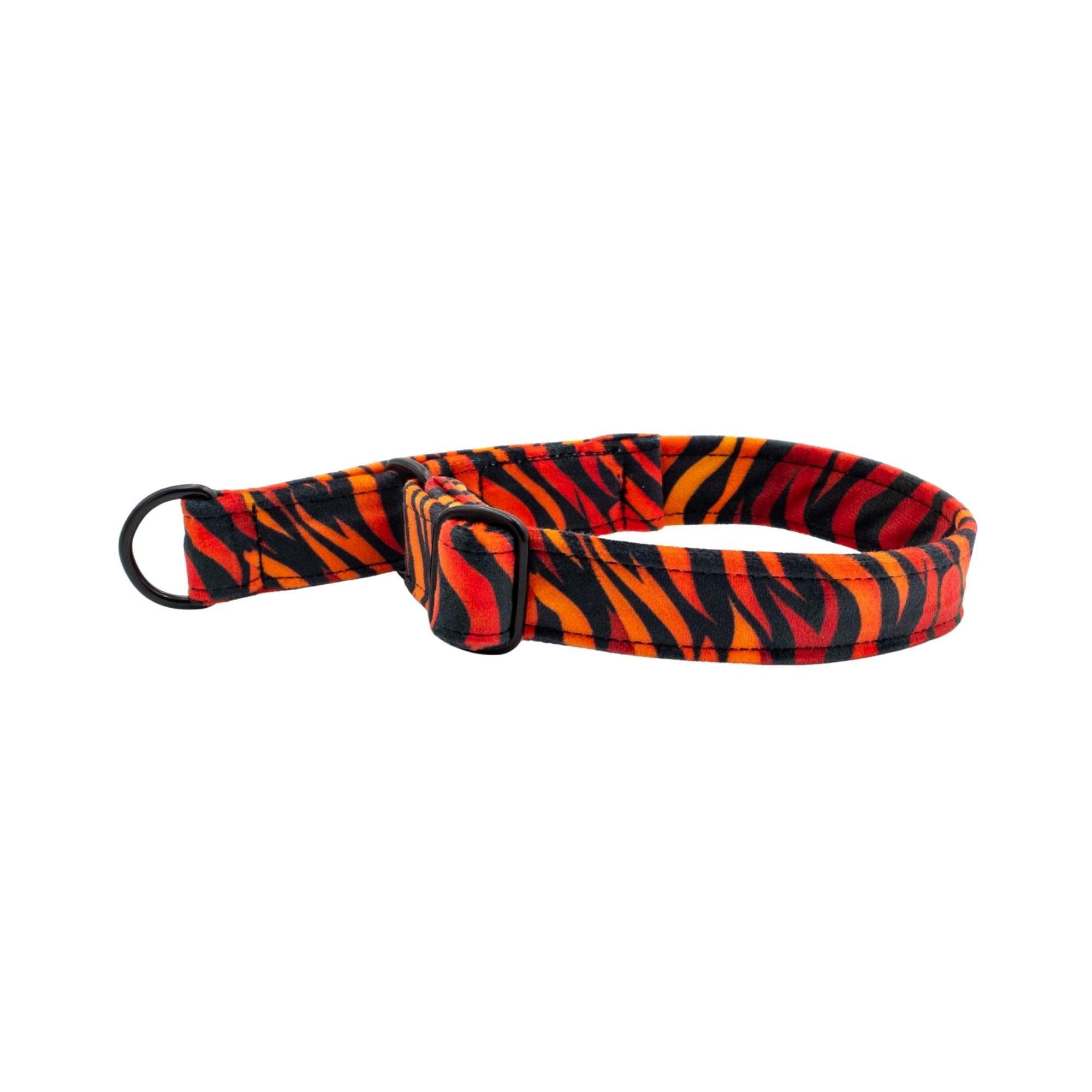 Fire velour dog collar in fiery red, orange, and black stripes, handmade luxury pet accessory by Distinguish Me