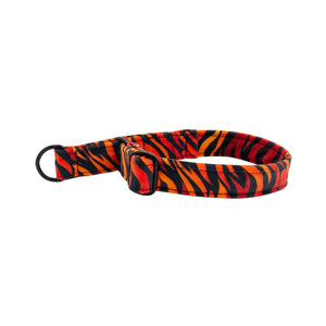 Fire velour dog collar in fiery red, orange, and black stripes, handmade luxury pet accessory by Distinguish Me