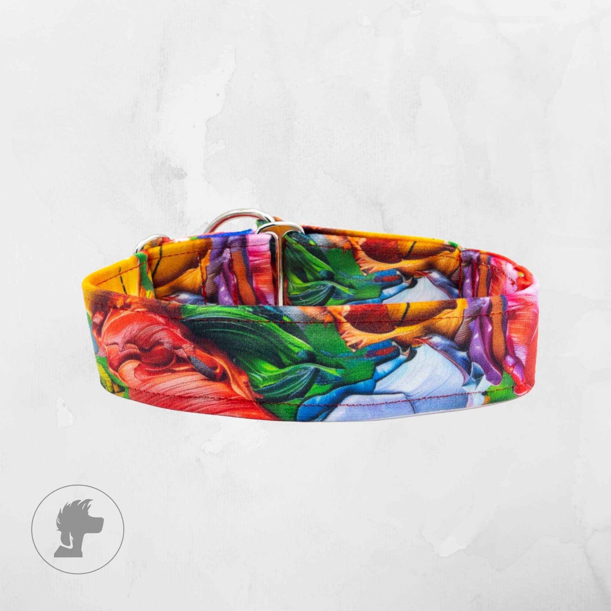 Colorful tie-dye dog collar on a light gray background