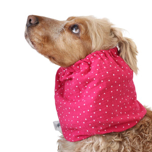 Pink polka dot dog snood for Spaniel, Cavalier, Basset Hound and Poodle