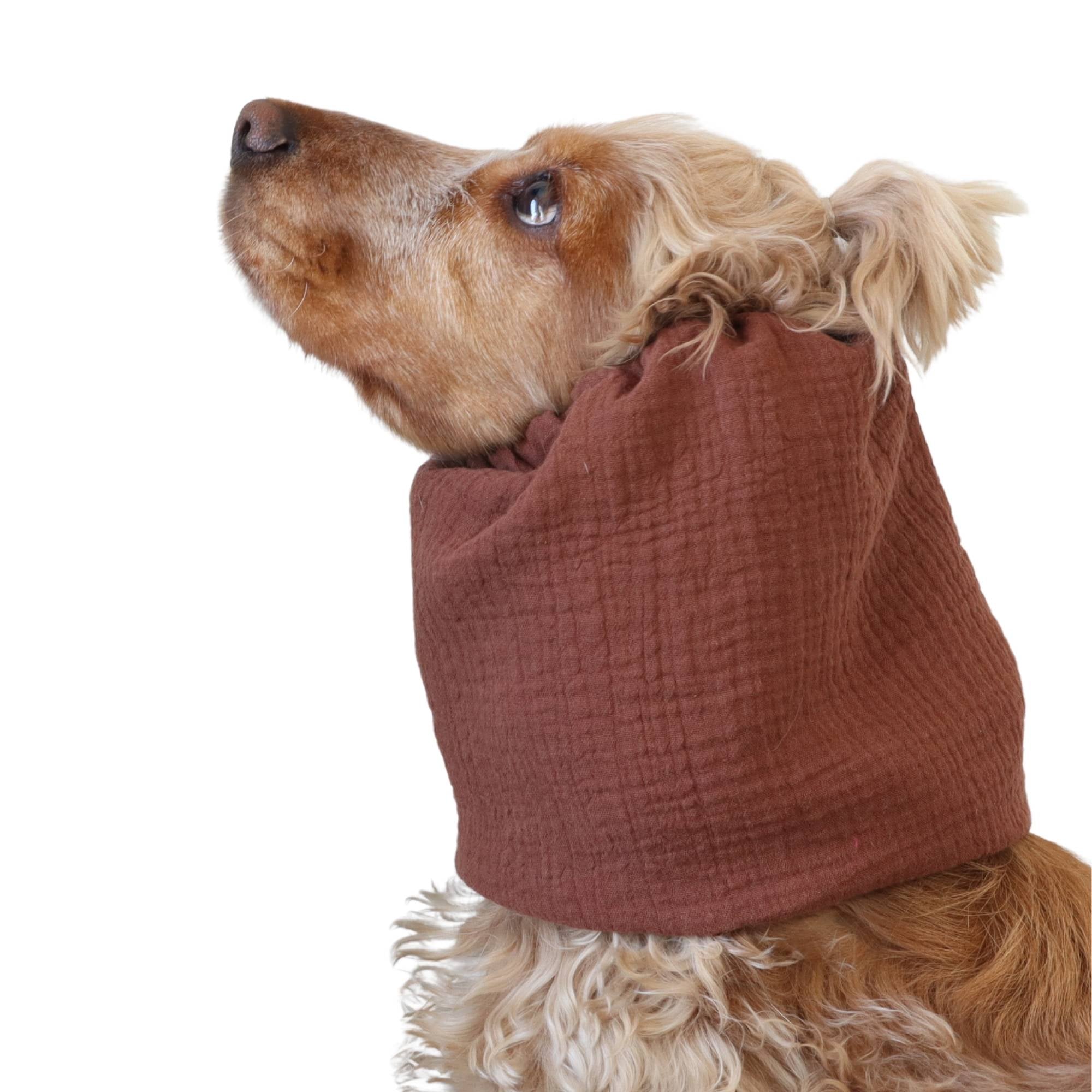 Long eared dog wearing a handmade Cinnamon Brown summer snood by Distinguish Me