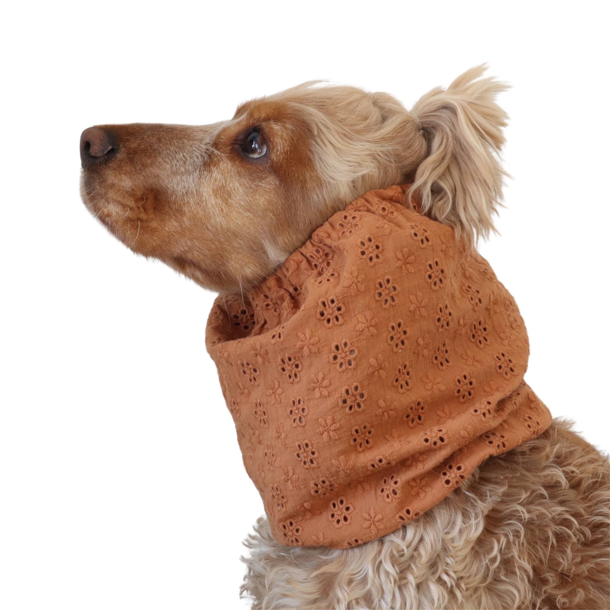 Long eared dog wearing a handmade Copper Blossom summer snood by Distinguish Me