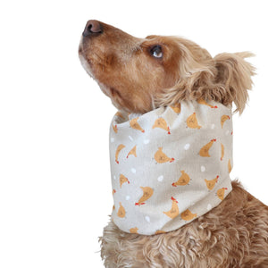 Beige chicken print dog snood for Spaniel, Cavalier, Basset Hound and other long eared dogs