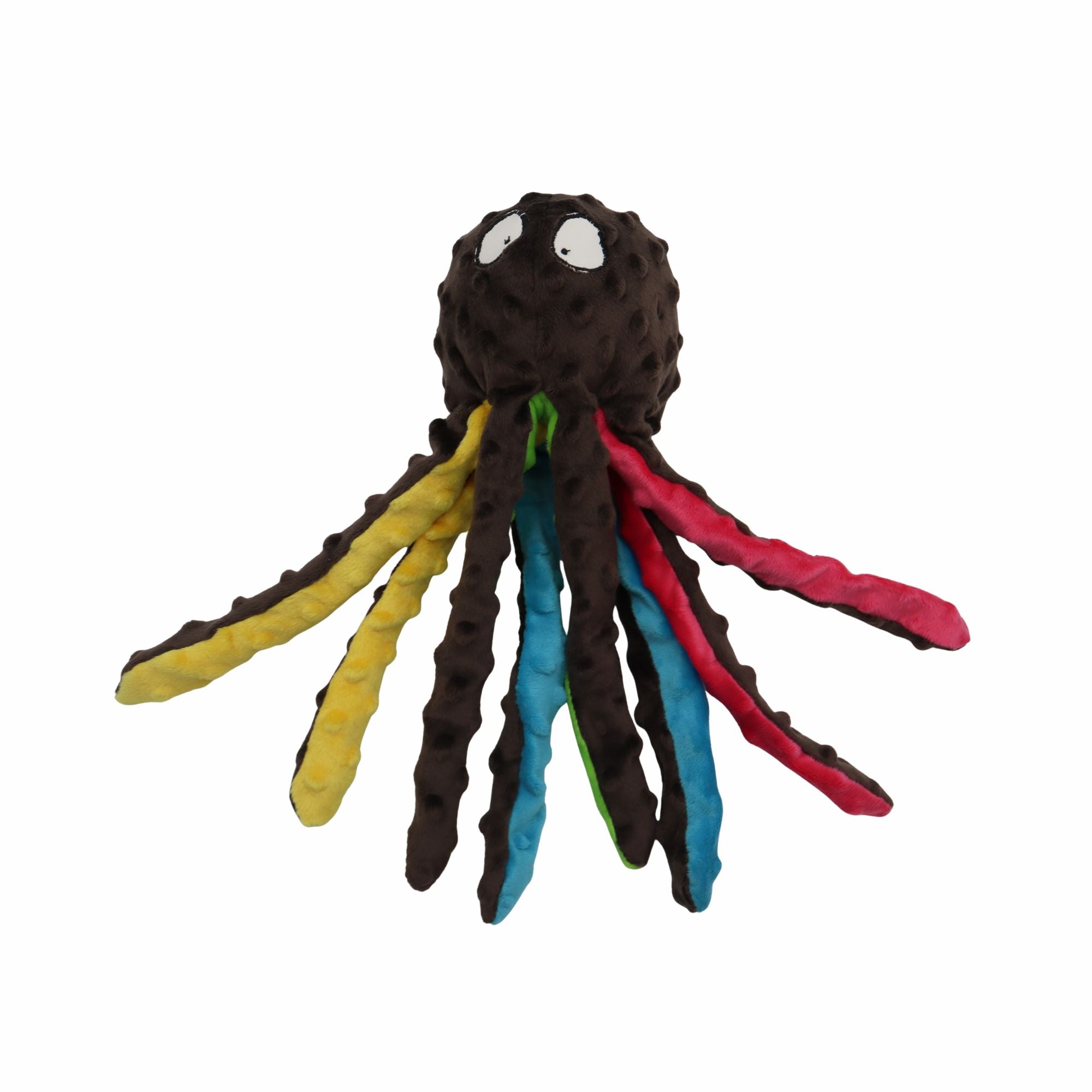 A handmade octopus plush toy made from dark brown playdough, featuring colorful textured tentacles in yellow, brown, blue, green, and red, with white eyes on a plain white background.