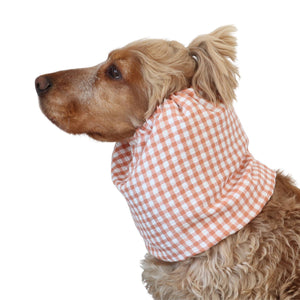 Peach gingham dog snood for Spaniel, Cavalier, Poodle and other long eared dogs