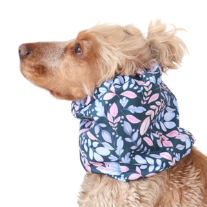 Distinguish me waterproof dog snood Twilight Leaves with soft pink and blue leaves on dark teal background