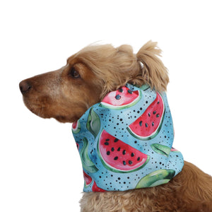 Watermelon print waterproof dog snood by Distinguish me, snug fit for rainy walks and outdoor adventures