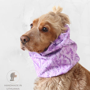 Cocker spaniel wearing Distinguish me Lavender Meadow thick double waterproof dog snood in lilac floral print