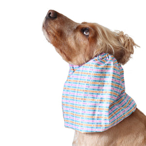 Distinguish Me Pastel Rhythm snood shown on a Cocker Spaniel with cotton, feeding, walking and summer-use information.