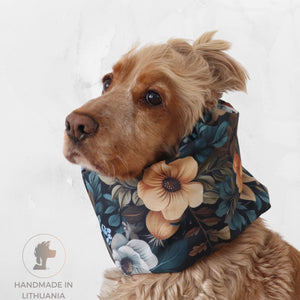 Cocker spaniel wearing Distinguish me Forest Bouquet thick double waterproof dog snood in dark teal floral print