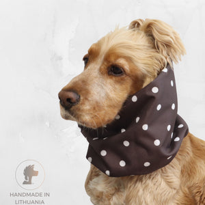 Golden Cocker Spaniel wearing the Espresso Dots waterproof dog snood with a brown fabric and small white polka dot pattern.
