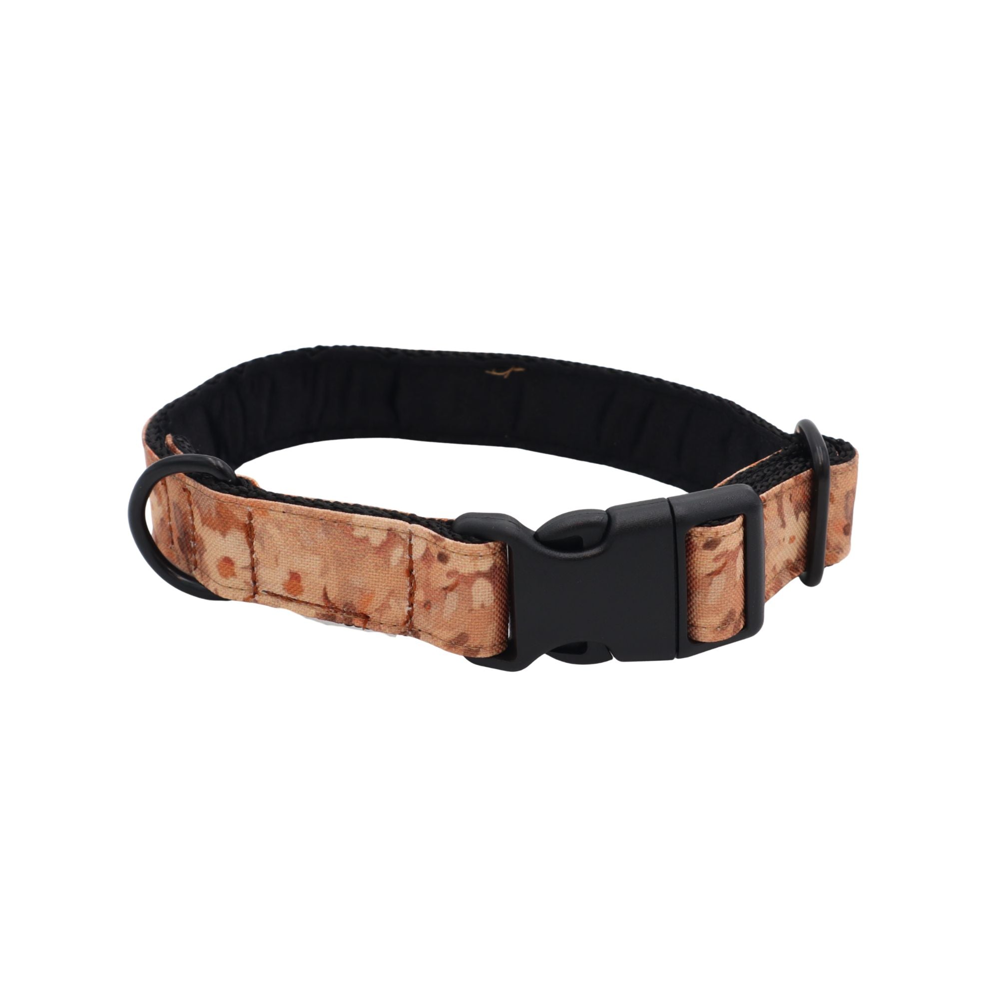 Soft padded fabric dog collar with delicate meadow-inspired floral print in warm blush tones