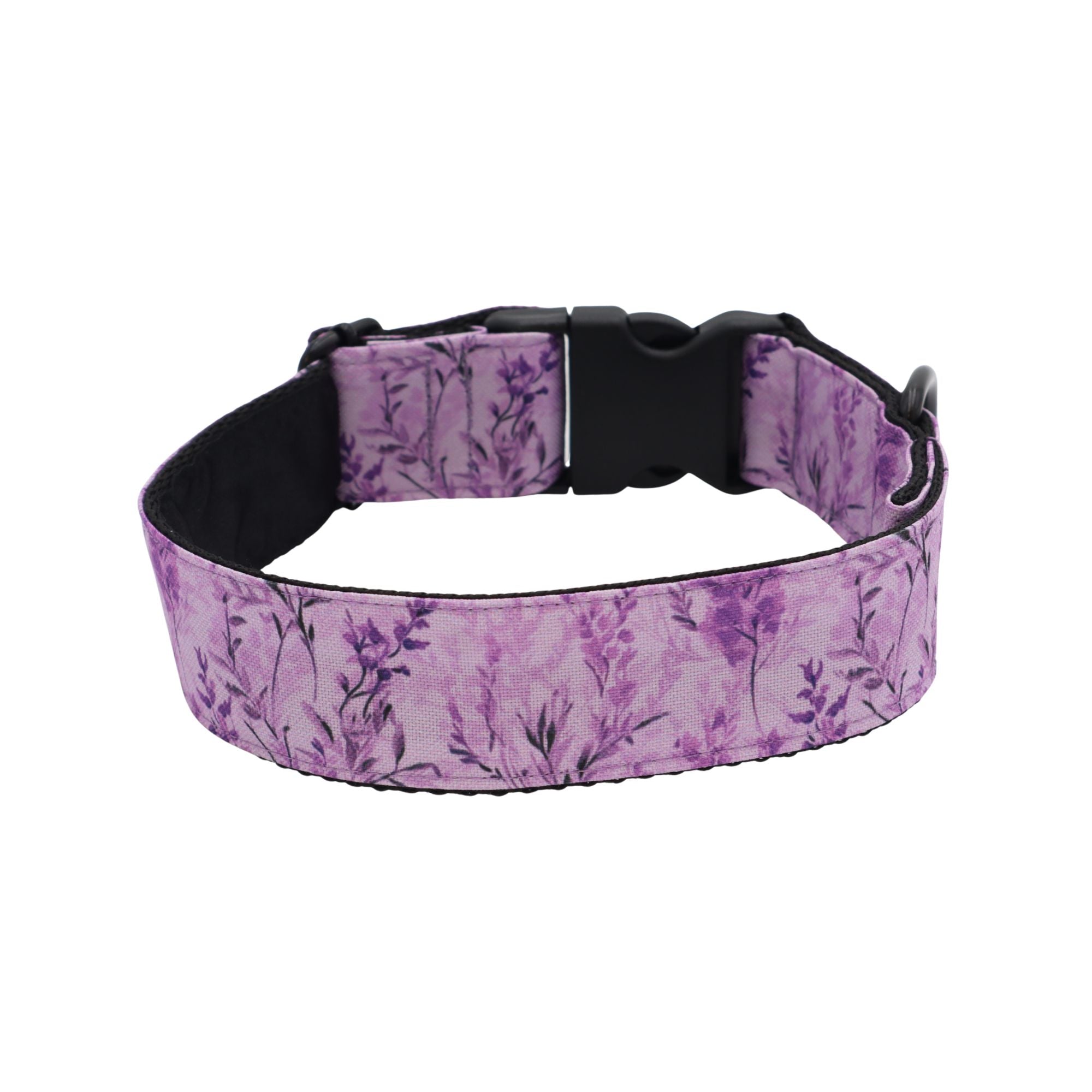 Adjustable fabric dog collar in Lavender Meadow print with delicate floral meadow details