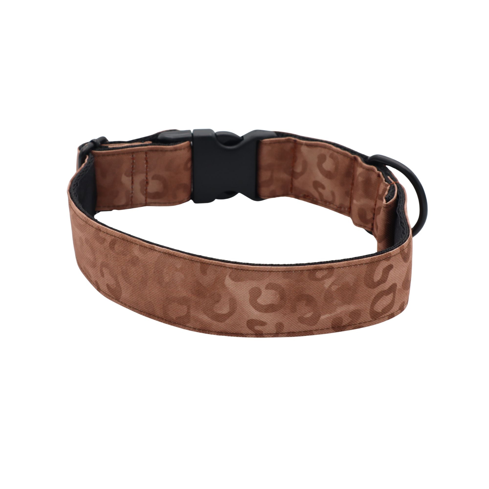 Adjustable fabric dog collar in Sand Leopard design with soft animal print and black hardware