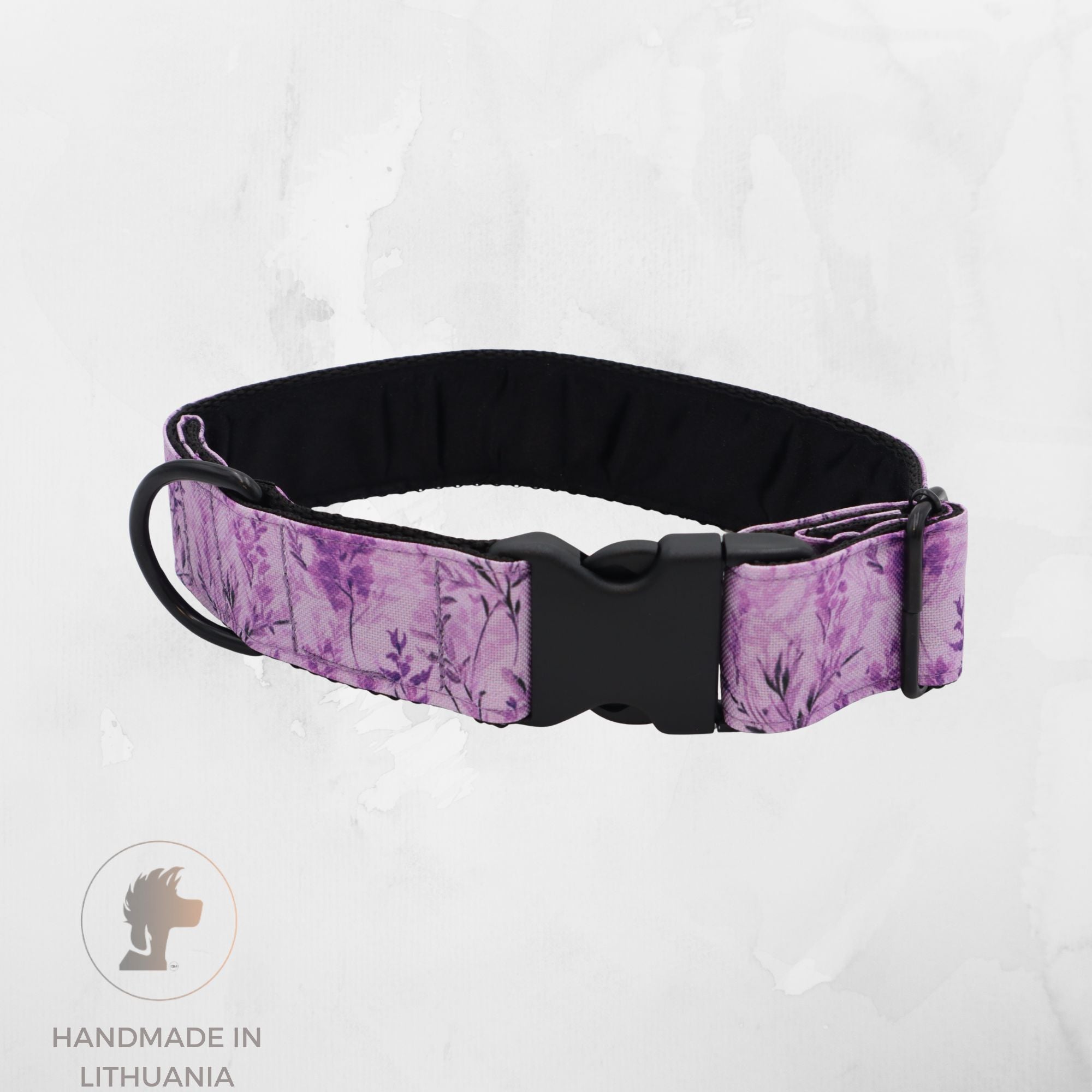 Distinguish Me Lavender Meadow handmade fabric dog collar with soft purple botanical pattern
