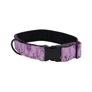 Handmade Lavender Meadow dog collar with soft padding, black hardware and purple floral fabric