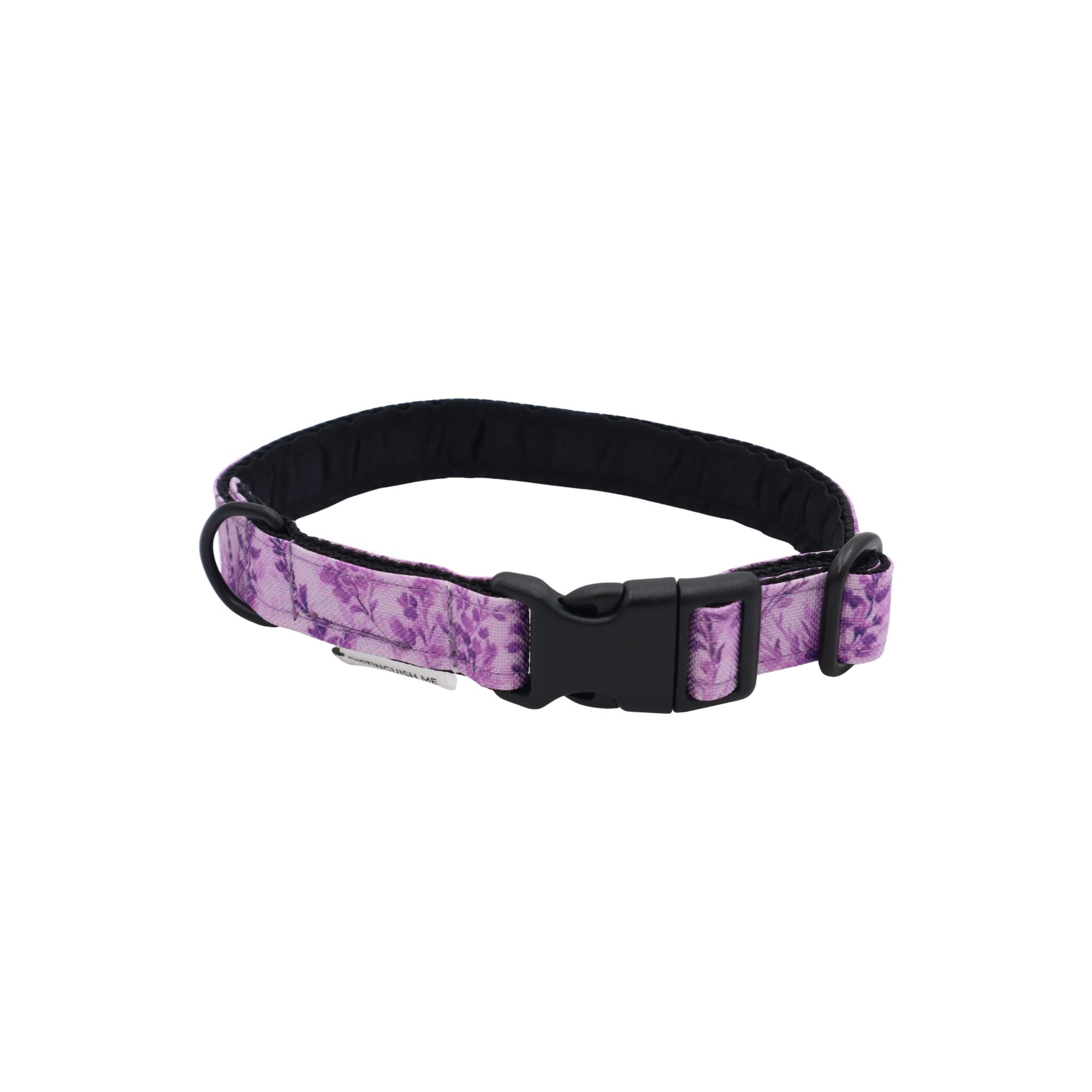 Distinguish Me Lavender Meadow handmade fabric dog collar with soft purple botanical pattern