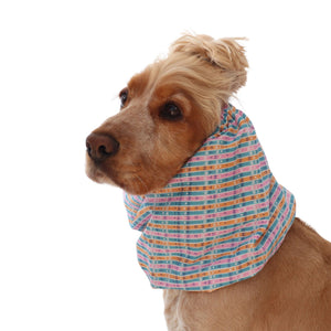 Distinguish Me Pastel Rhythm snood shown on a Cocker Spaniel with cotton, feeding, walking and summer-use information.