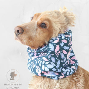 Cocker spaniel wearing Distinguish me Twilight Leaves thick double waterproof dog snood in teal pastel leaf print