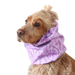 Long-eared dog snood by Distinguish me in Lavender Meadow purple floral design with snug comfortable fit