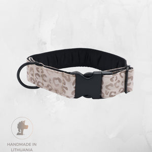 Distinguish Me Powder Leo handmade fabric dog collar with soft beige leopard print
