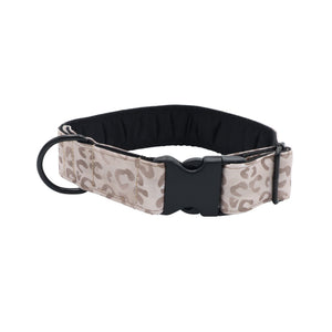 Adjustable fabric dog collar in Powder Leo design with subtle animal print and black hardware
