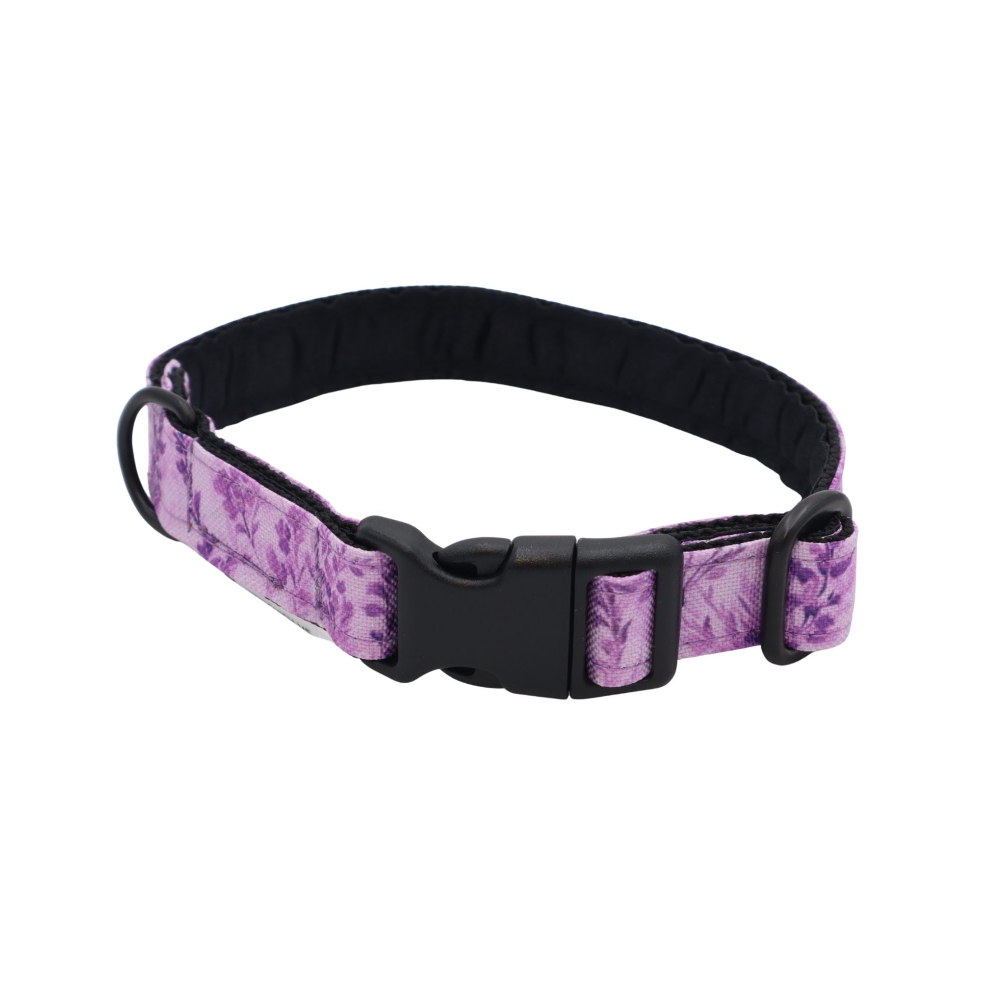 Dog collar with purple floral pattern on a white background