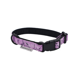 Dog collar with purple camouflage pattern on a white background