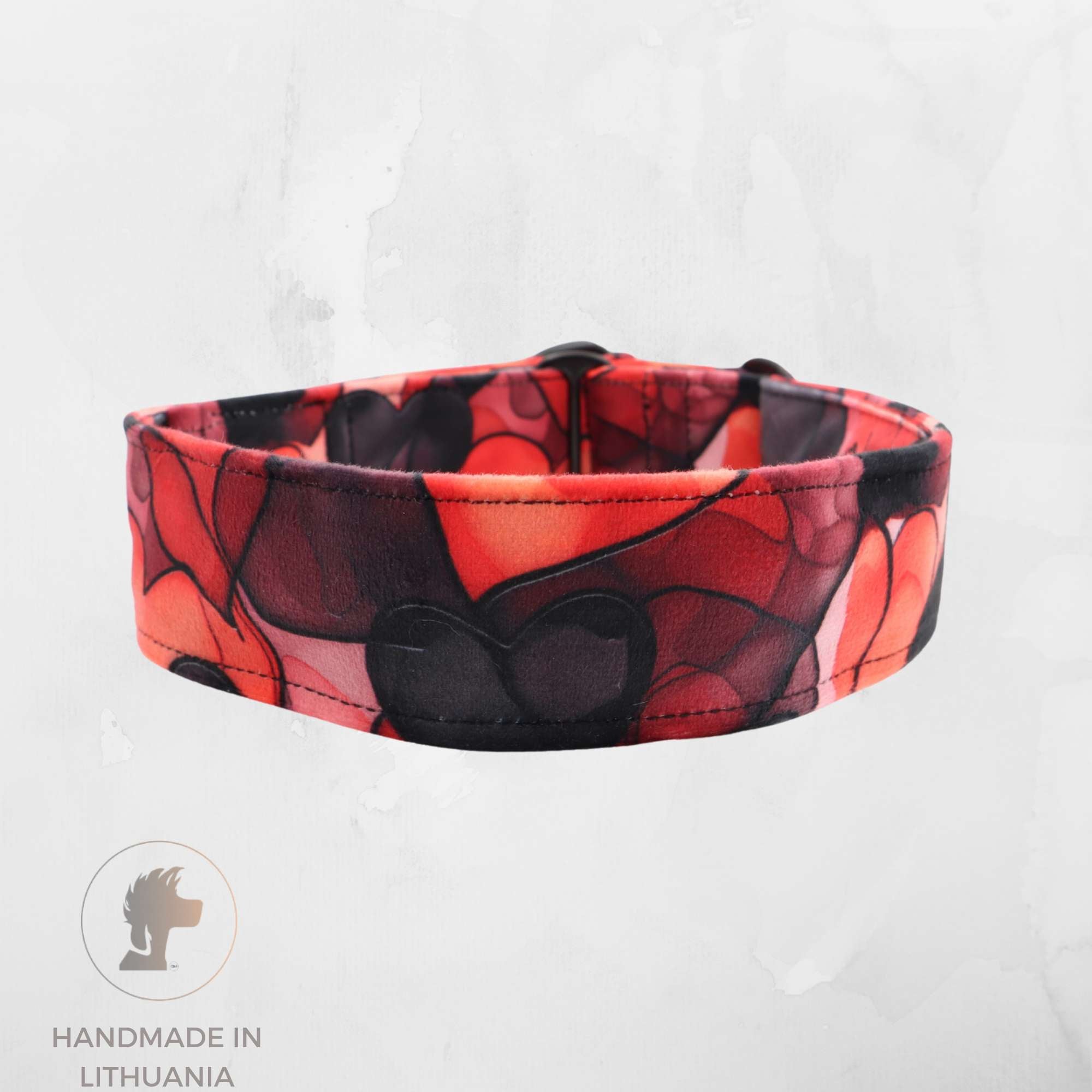 Handmade velour dog collar with romantic red and black hearts by Distinguish Me