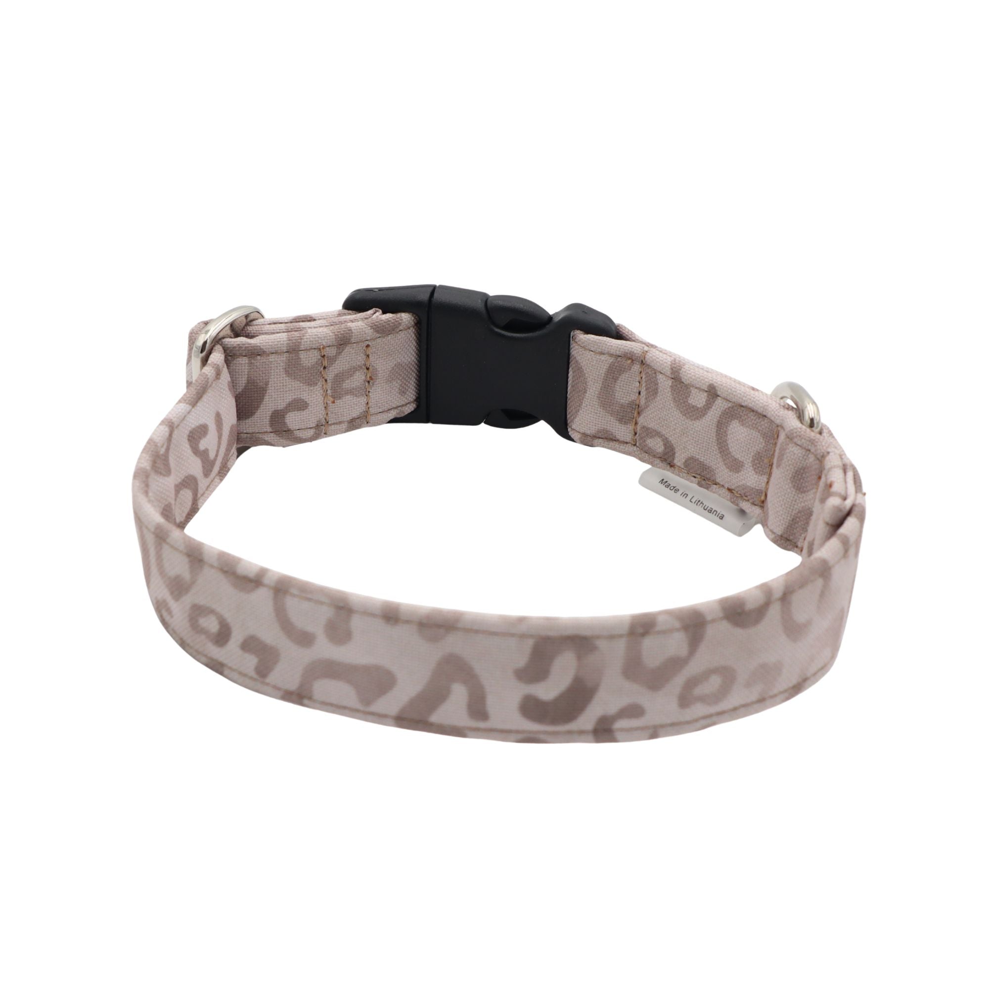 Stylish beige leopard dog collar with black hardware and handmade fabric finish