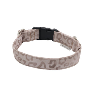 Stylish beige leopard dog collar with black hardware and handmade fabric finish