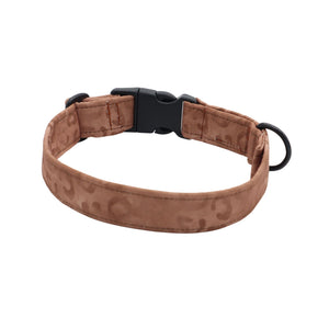 Soft padded fabric dog collar with warm sand leopard print and handmade finish
