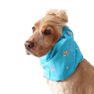 Golden English Cocker Spaniel wearing a blue cotton dog snood with small vintage rooster, flower and white dot print.