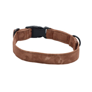 Brown animal print dog collar with soft Sand Leopard pattern and durable hardware