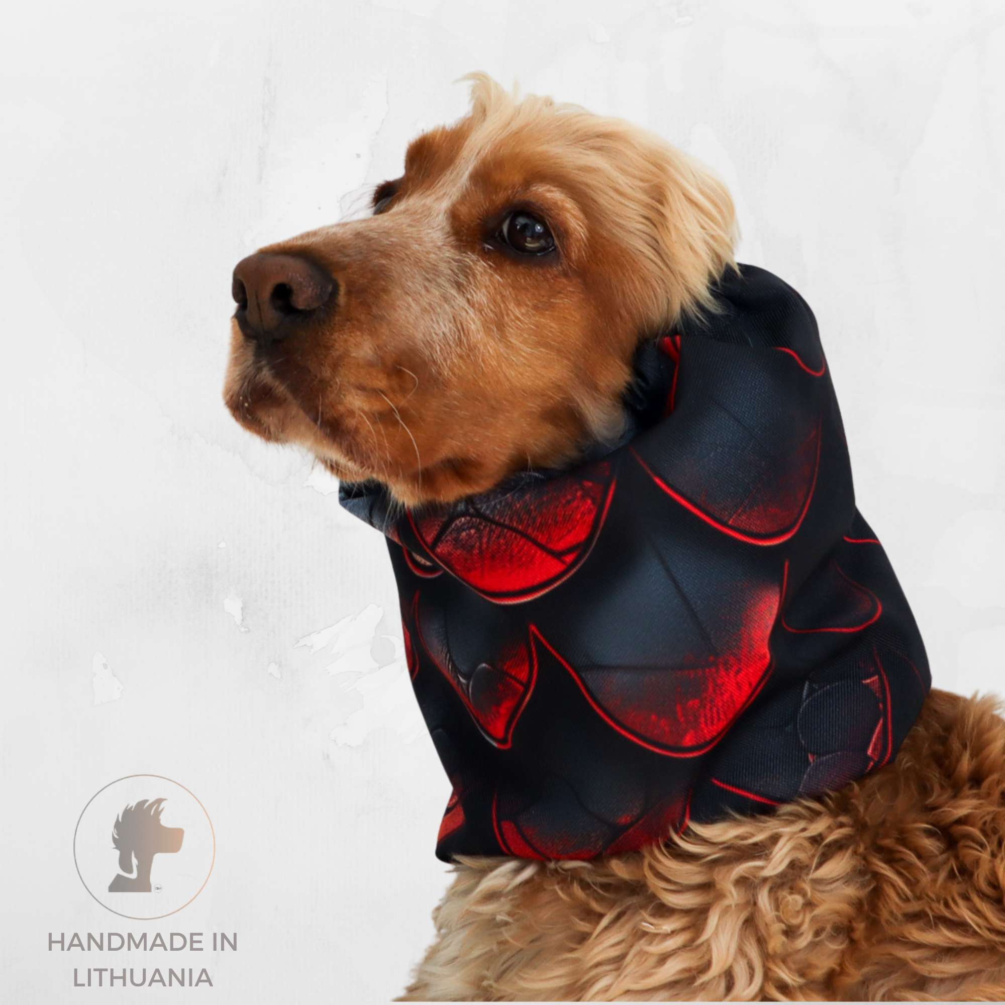 Waterproof dog snood with red dragon scale pattern – ear protection for spaniels and long-eared dogs, fantasy-inspired