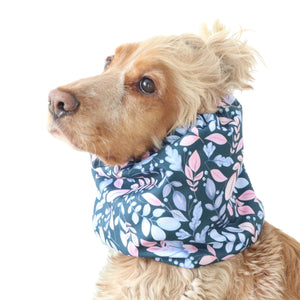Long-eared dog snood by Distinguish me in Twilight Leaves leaf pattern, snug comfortable fit for daily walks
