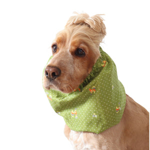 Golden English Cocker Spaniel wearing a green cotton snood with vintage roosters, tiny flowers and white dots.