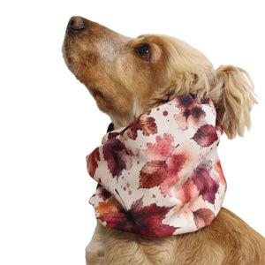 Side view of a Cocker Spaniel wearing the Autumn Maple waterproof snood, showing how it covers and protects the dog's long ears.
