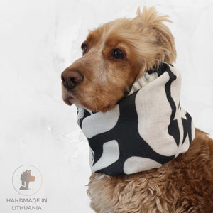 Cocker spaniel wearing Distinguish me White Leaf cotton muslin dog snood in black and white leaf print