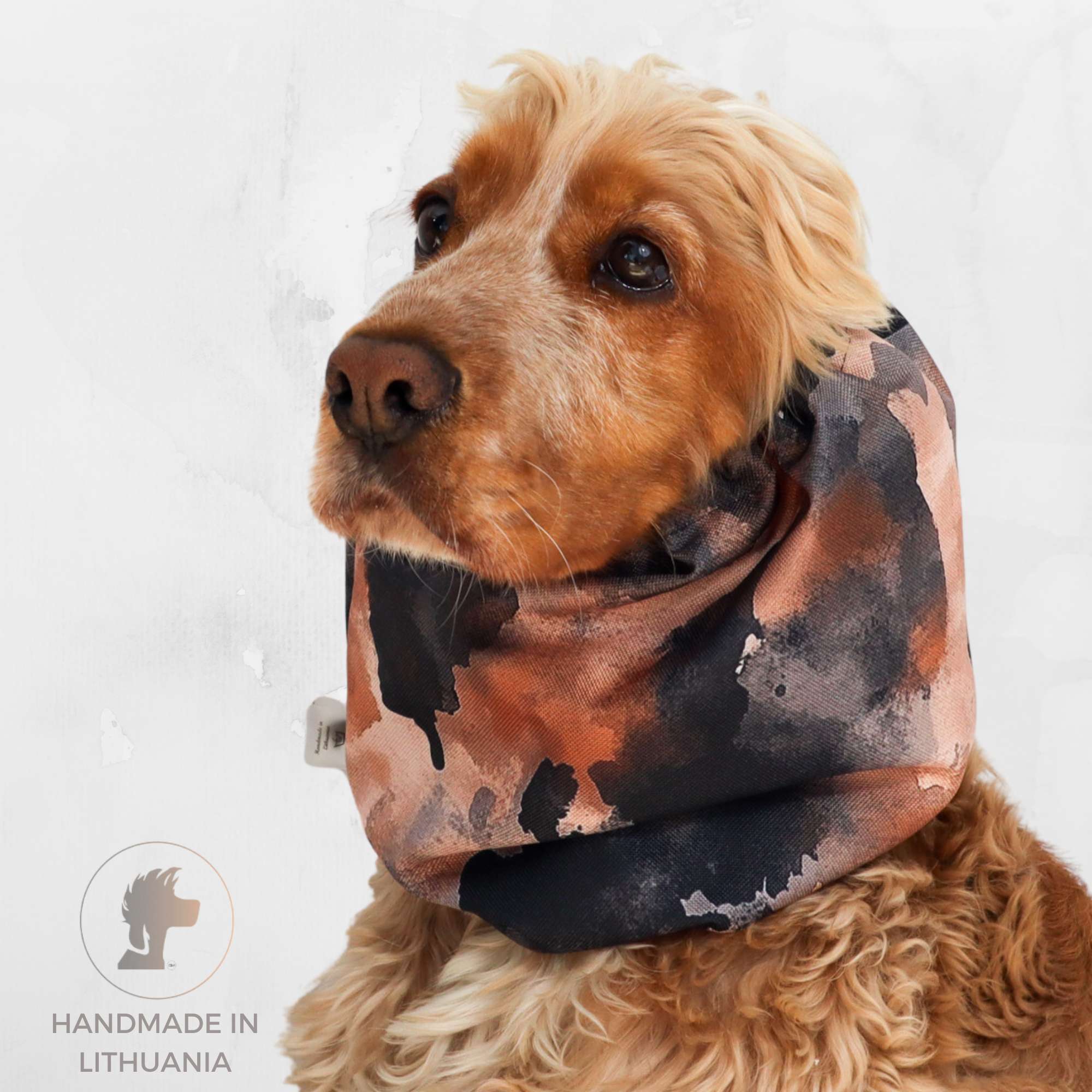 Waterproof dog snood in burnt amber tones – ear protection for Bloodhound, English Setter, and long-eared breeds