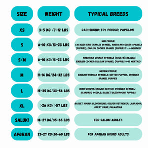 Dog snood size guide with approximate weight ranges and typical breed recommendations – Distinguish Me