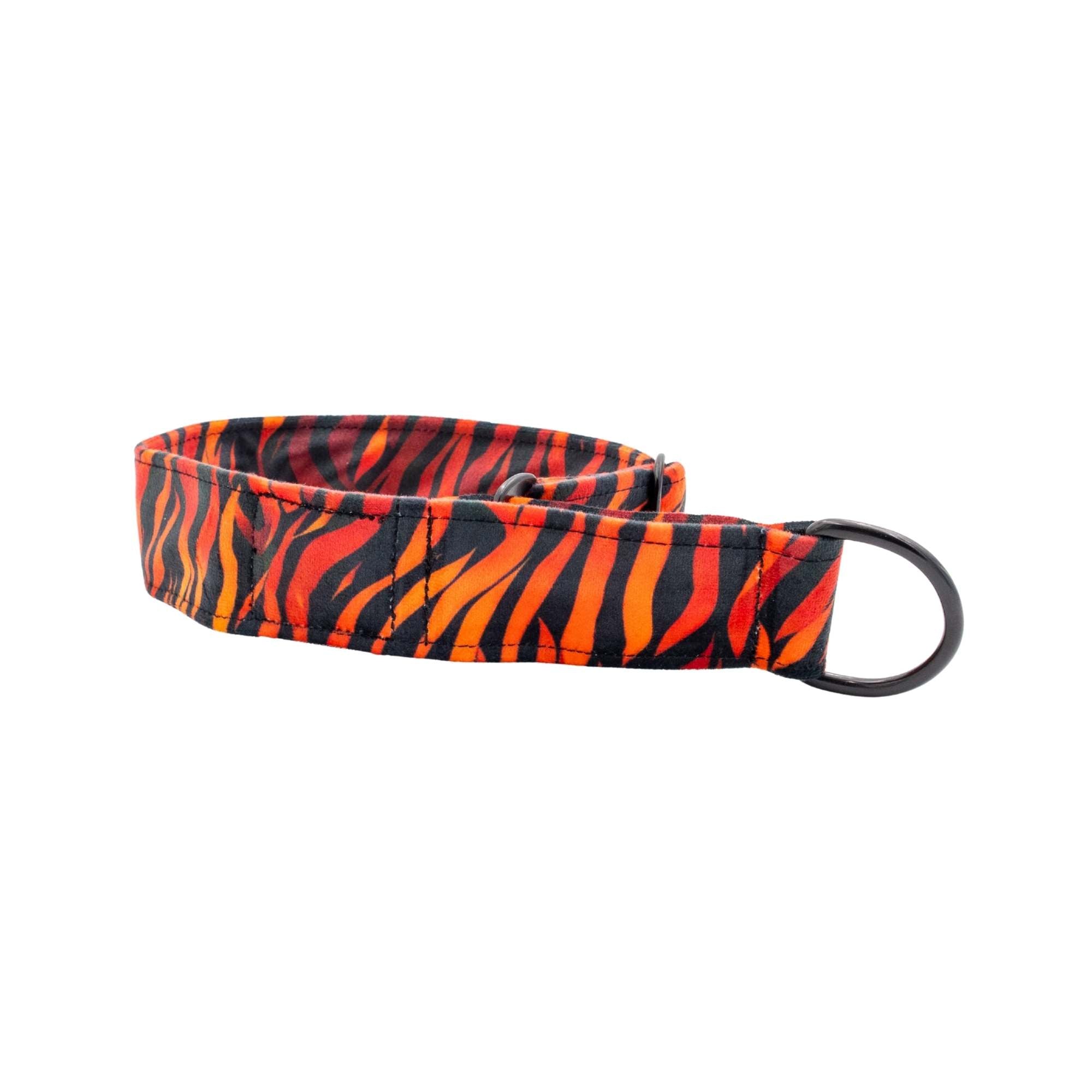 Dog collar with orange and black zebra pattern on a white background