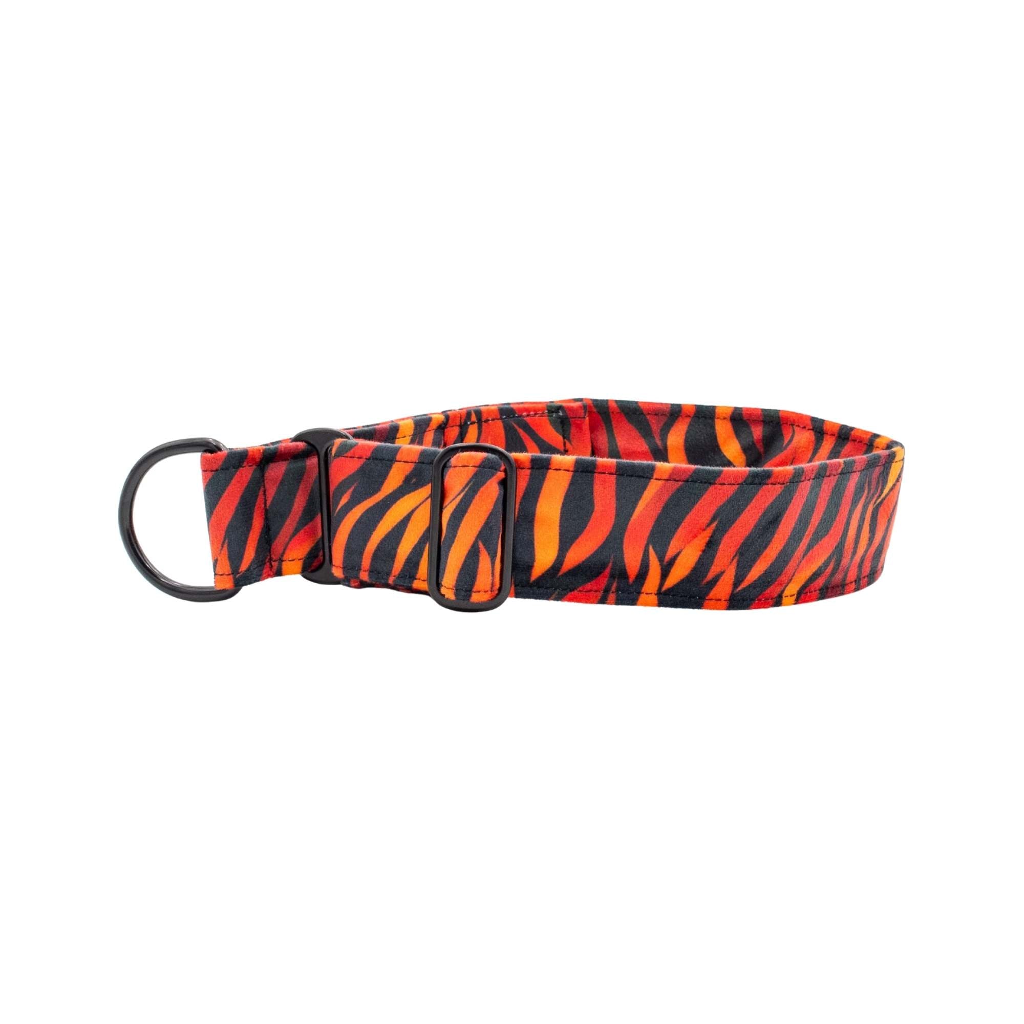 Fire velour dog collar in fiery red, orange, and black stripes, handmade luxury pet accessory by Distinguish Me
