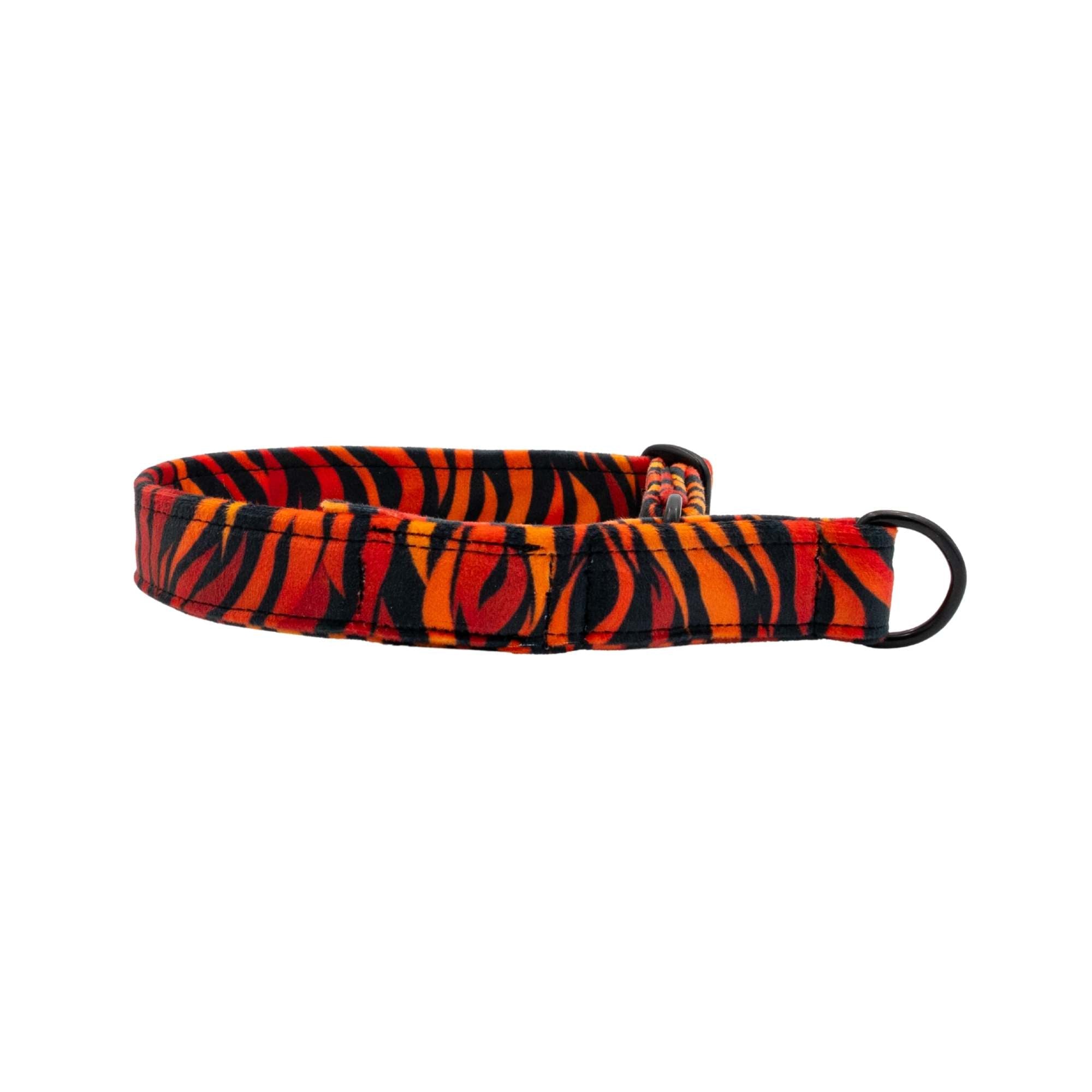 Fire velour dog collar in fiery red, orange, and black stripes, handmade luxury pet accessory by Distinguish Me