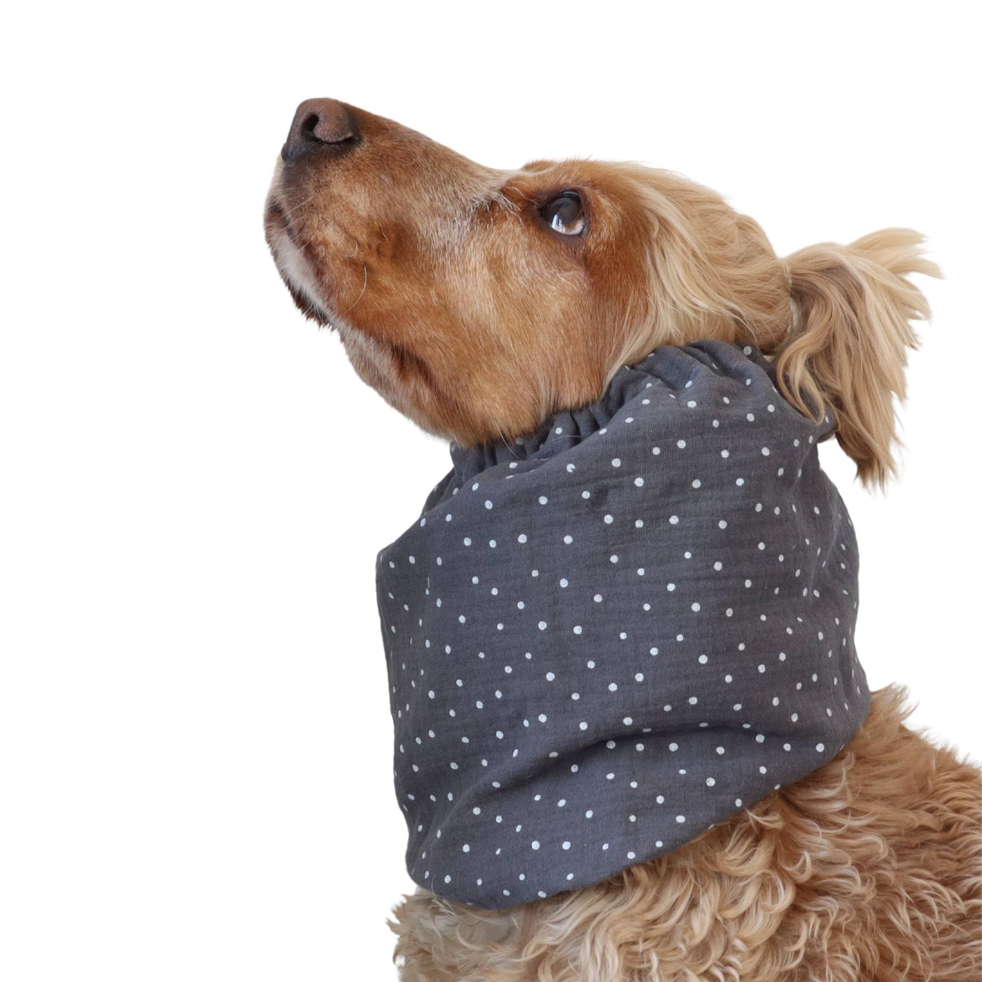 Long eared dog wearing a handmade Grey Dots summer snood by Distinguish Me