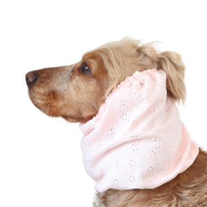 Long eared dog wearing a handmade Rose Mist snood by Distinguish Me