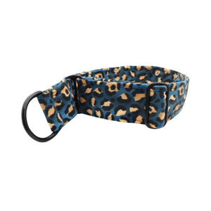 Blue leopard velour dog collar by Distinguish Me, front view on white background