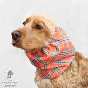 Snood for dog with orange tartan print by Distinguish Me