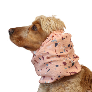 Cocker wearing boho style terrazzo cotton muslin snood for long ears by Distinguish Me